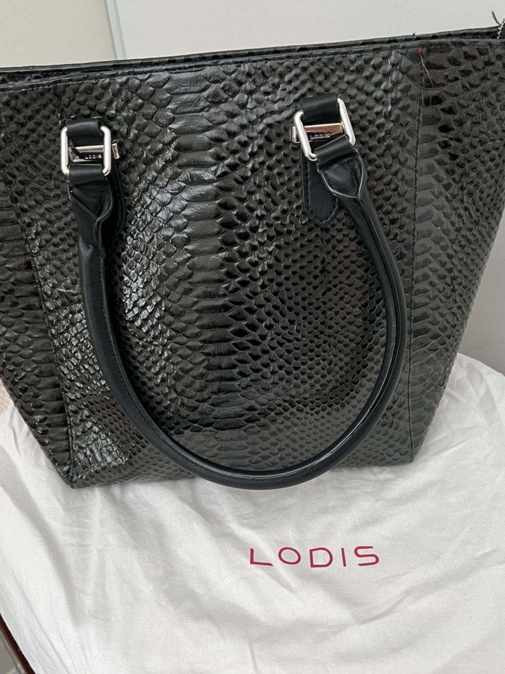 Lodis Black Faux Snakeskin Tote with Silver Hardware